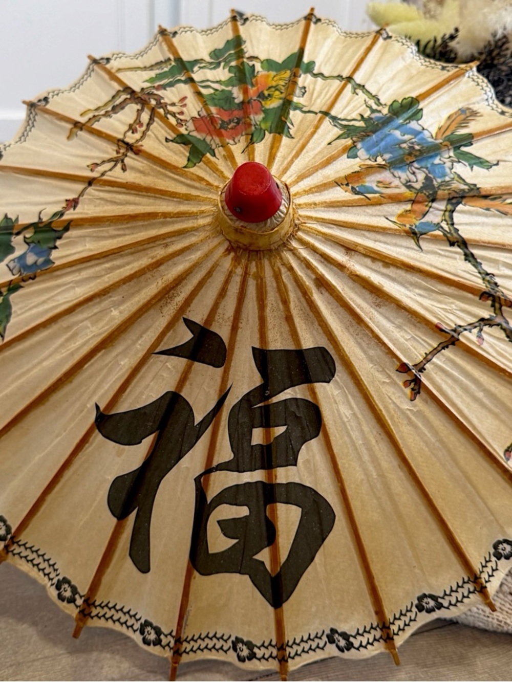 Vintage Hand-Painted Asian Rice Paper Bamboo Umbrella Parasol